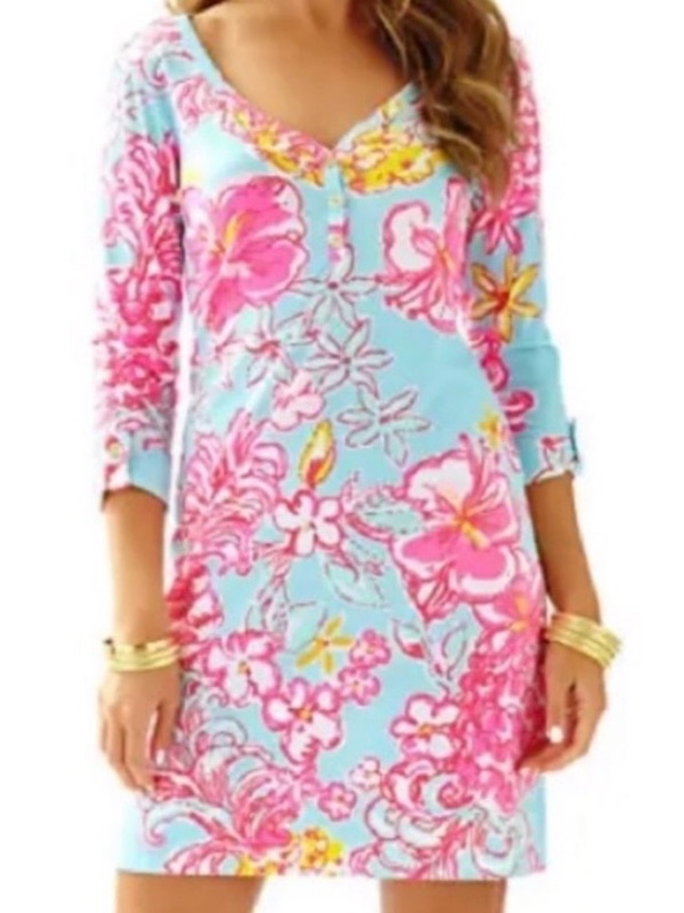 Lilly Pulitzer Light Blue Pink Yellow Floral V-Neck Shift Dress